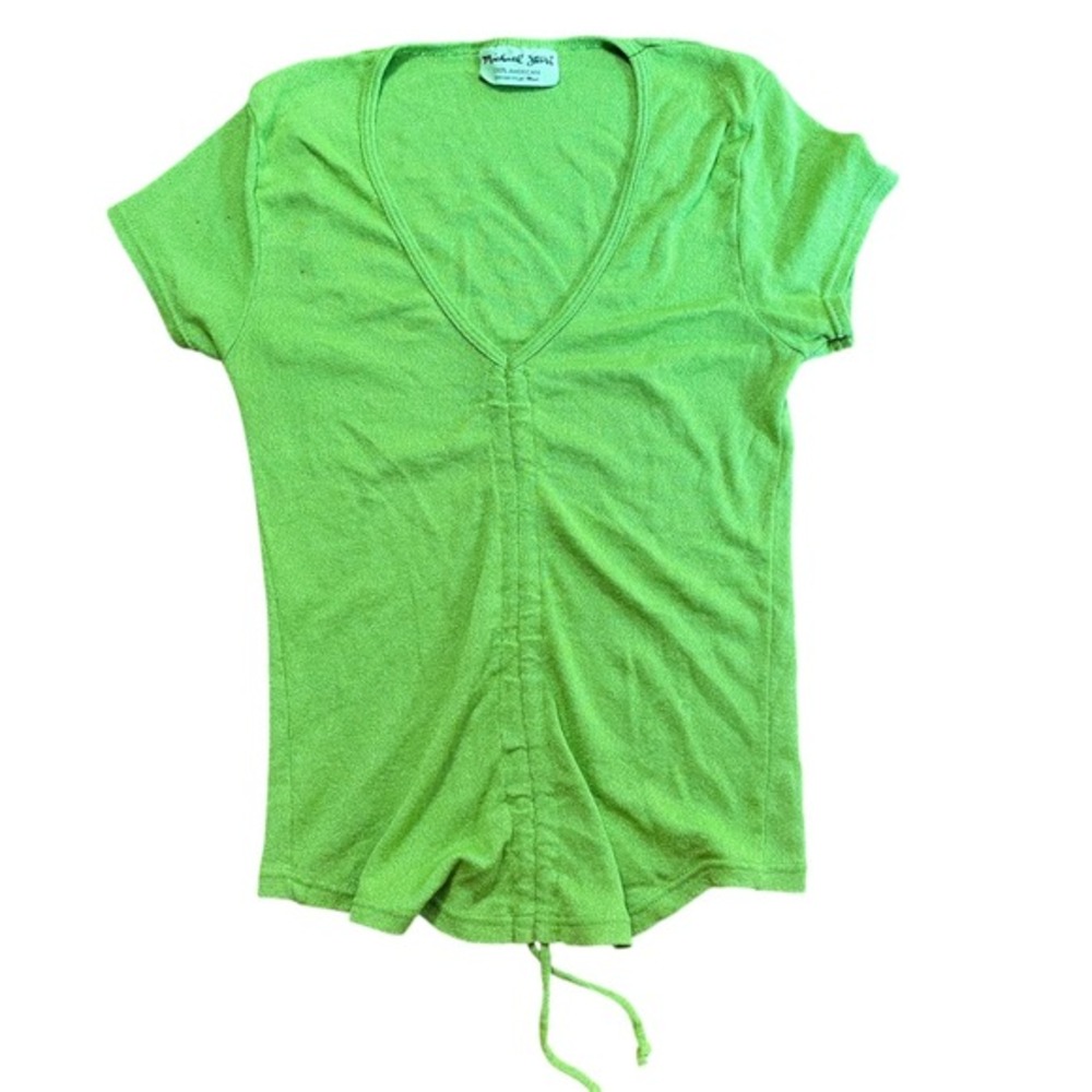 Michael Stars Ruched Drawstring V-Neck Tee Made‎ in USA – Lime Green One Size